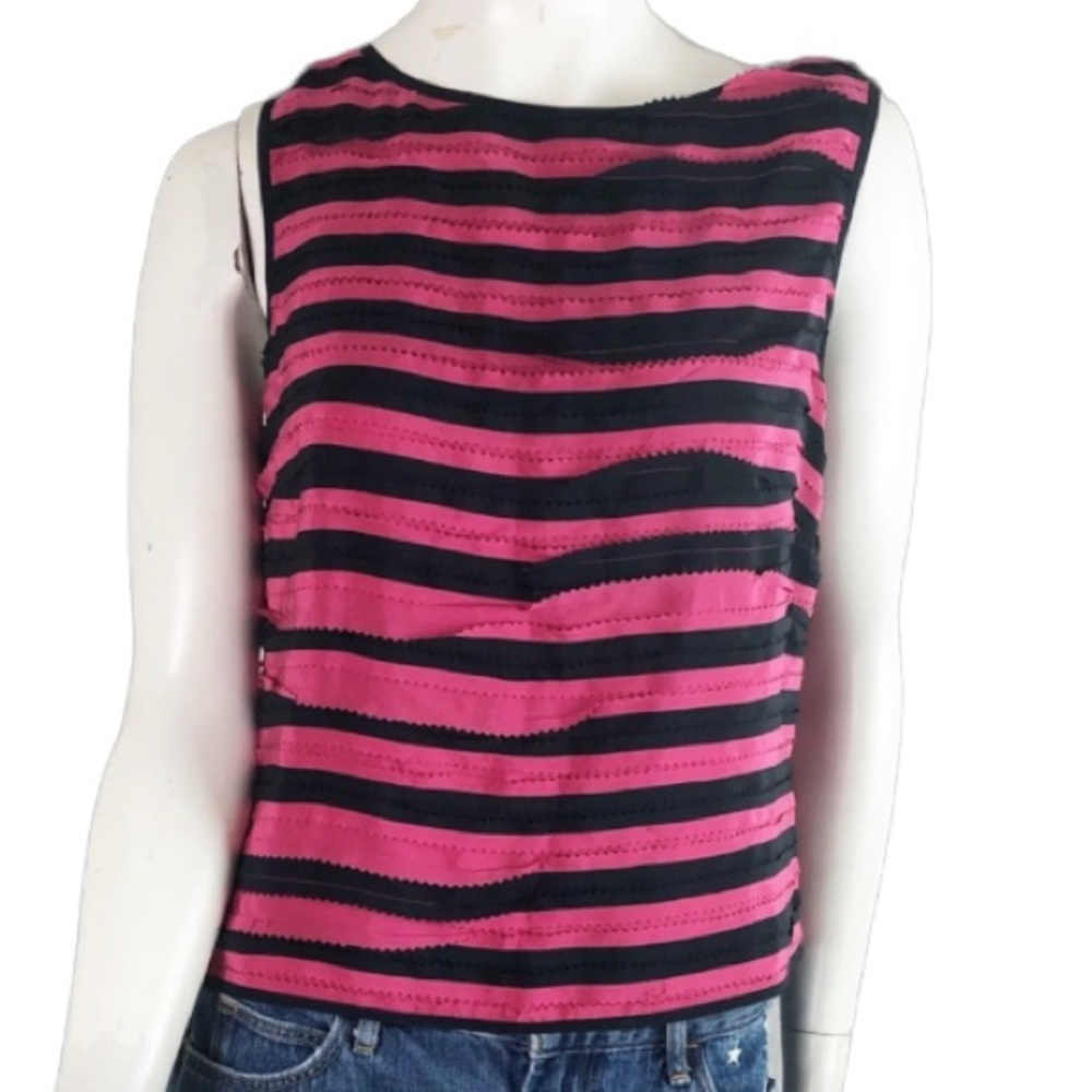 CARLISLE sz 2 100% SILK Striped Pink Black Sleeveless Top Shirt Zipper EUC Cute